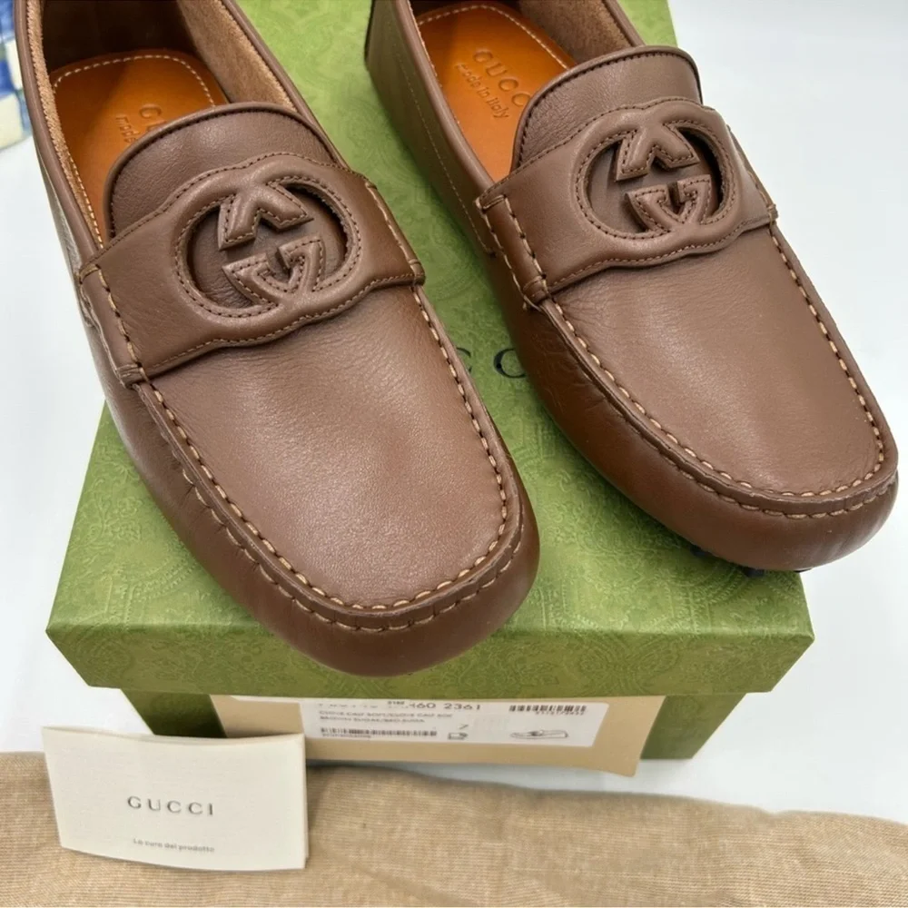 Men’s Gucci interlocking G leather driver loafers size 7 fits eight US